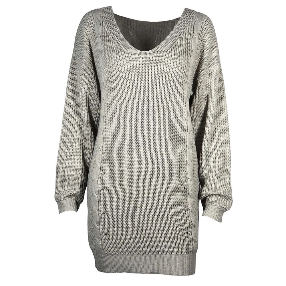Gray Chunky Knit V-Neck Sweater - Picture 2 of 3